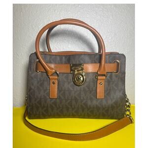 Michael Kors Hamilton Brown Monogram Logo Large Satchel Tote Bag Gold Hardware